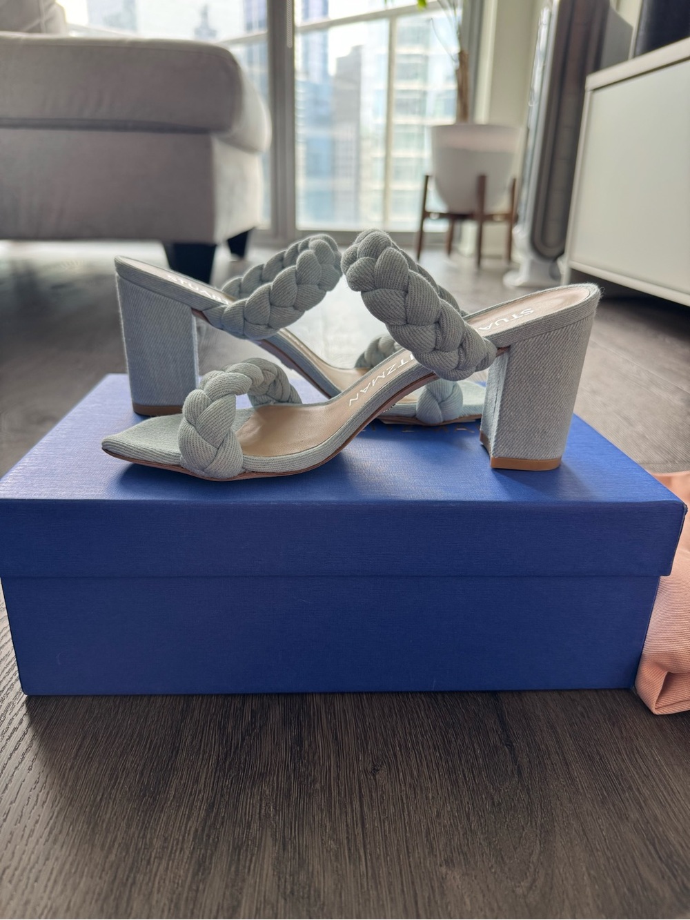 Stuart Weitzman Braided Strap Block Heel Sandals - Light Blue size 6